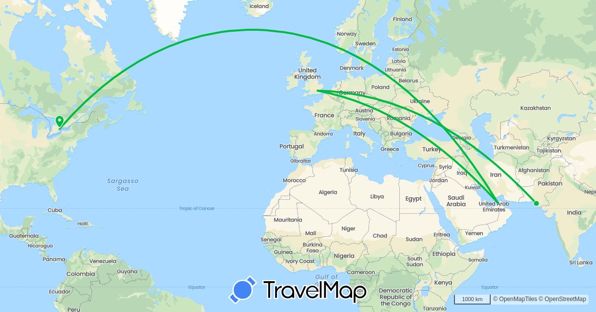 TravelMap itinerary: bus in United Arab Emirates, Canada, United Kingdom, Pakistan (Asia, Europe, North America)